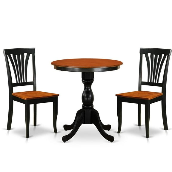 East West Furniture 3-Piece Dining Table Set Include a Modern Dining Table and 2 Dining Chairs with Slatted Back - Black Finish
