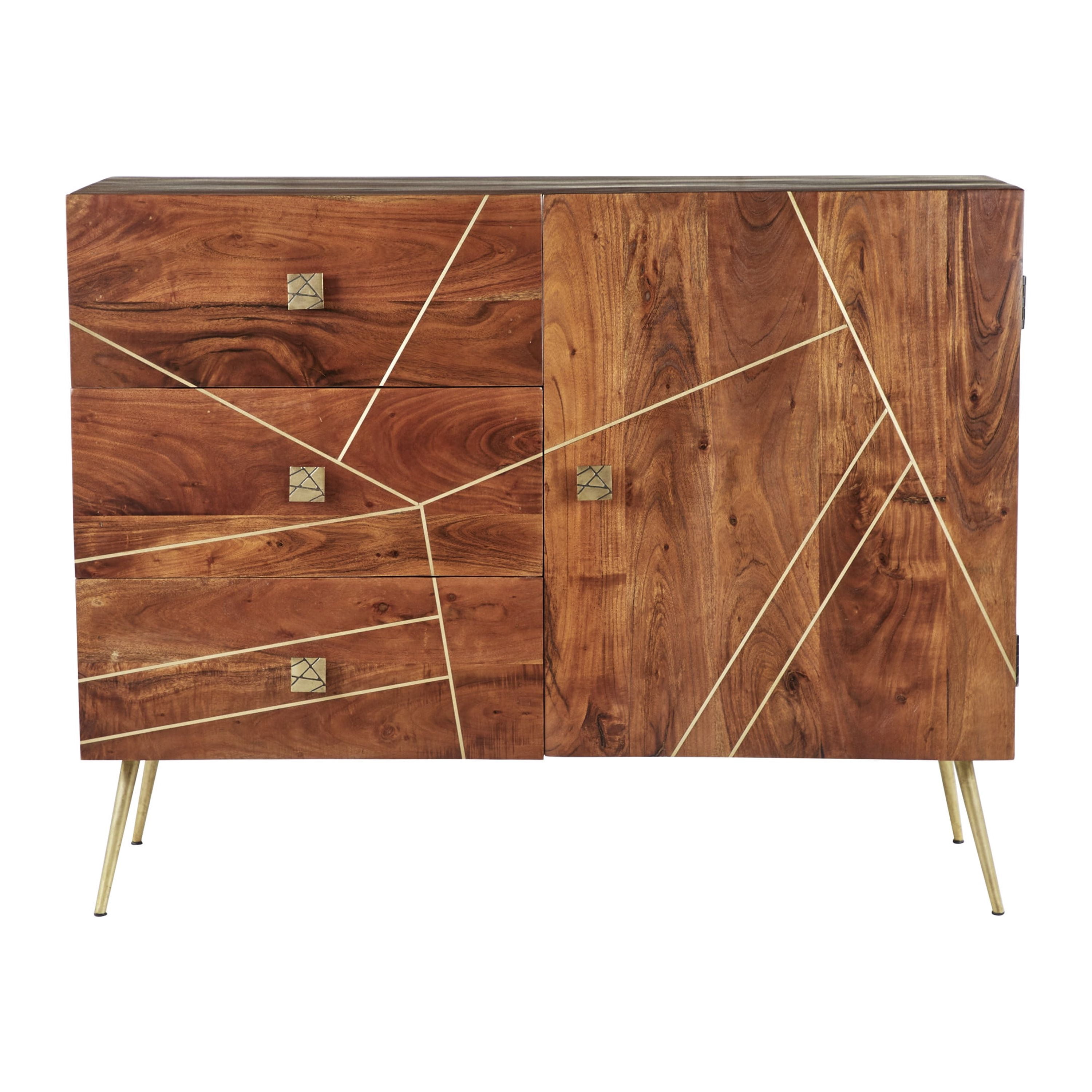 DecMode 46" x 36" Brown Metal 3 Drawers 1 Shelf and 2 Doors Buffet with Gold Inlay, 1-Piece