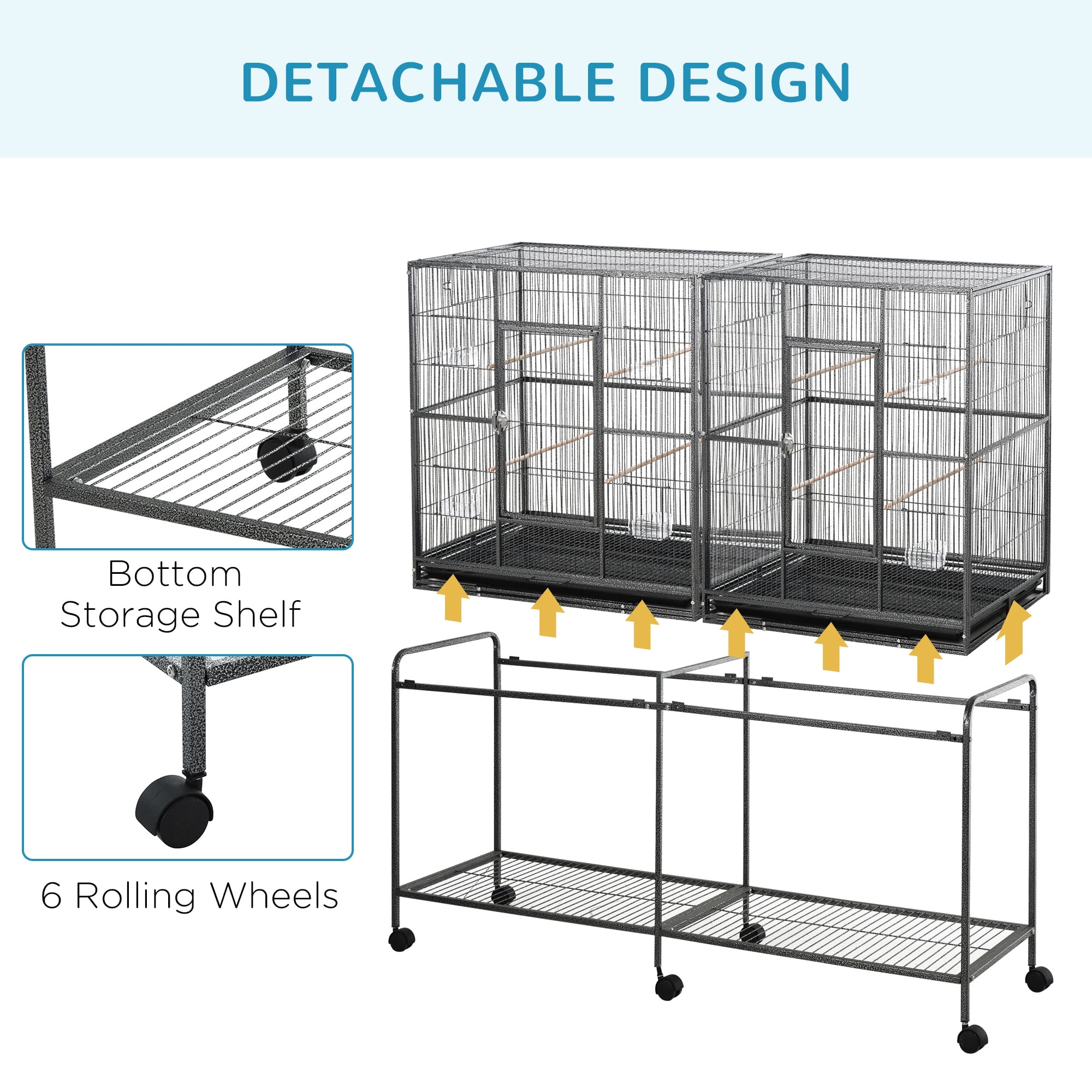 65" Double Rolling Metal Bird Cage Feeder with Detachable Rolling Stand, Storage Shelf, Wood Perch & Food Container
