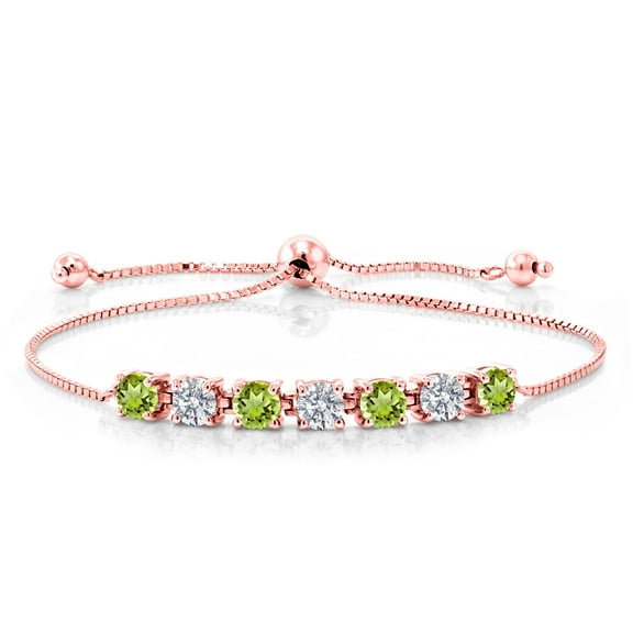 Gem Stone King 18K Rose Gold Plated Silver Green Peridot and Lab Grown Diamond Bracelet for Women | 3.00 Cttw | Gemstone August Birthstone | Round 4.5MM