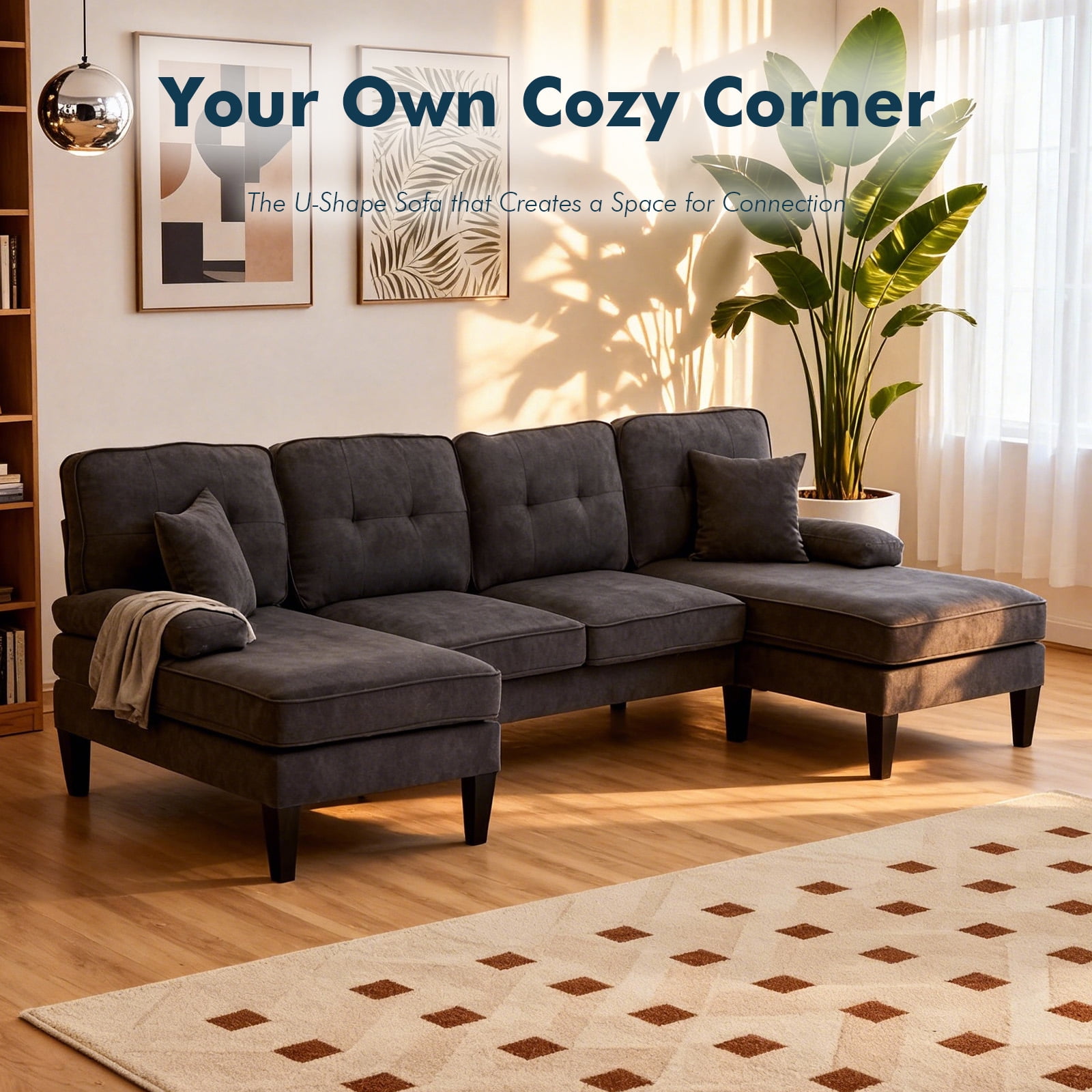 MOONMISS U-Shaped Sectional Sofa, 4 Seater Sectional Couch with Chaise, Modular Sleeper Sectionals for Living Room-Dark Grey