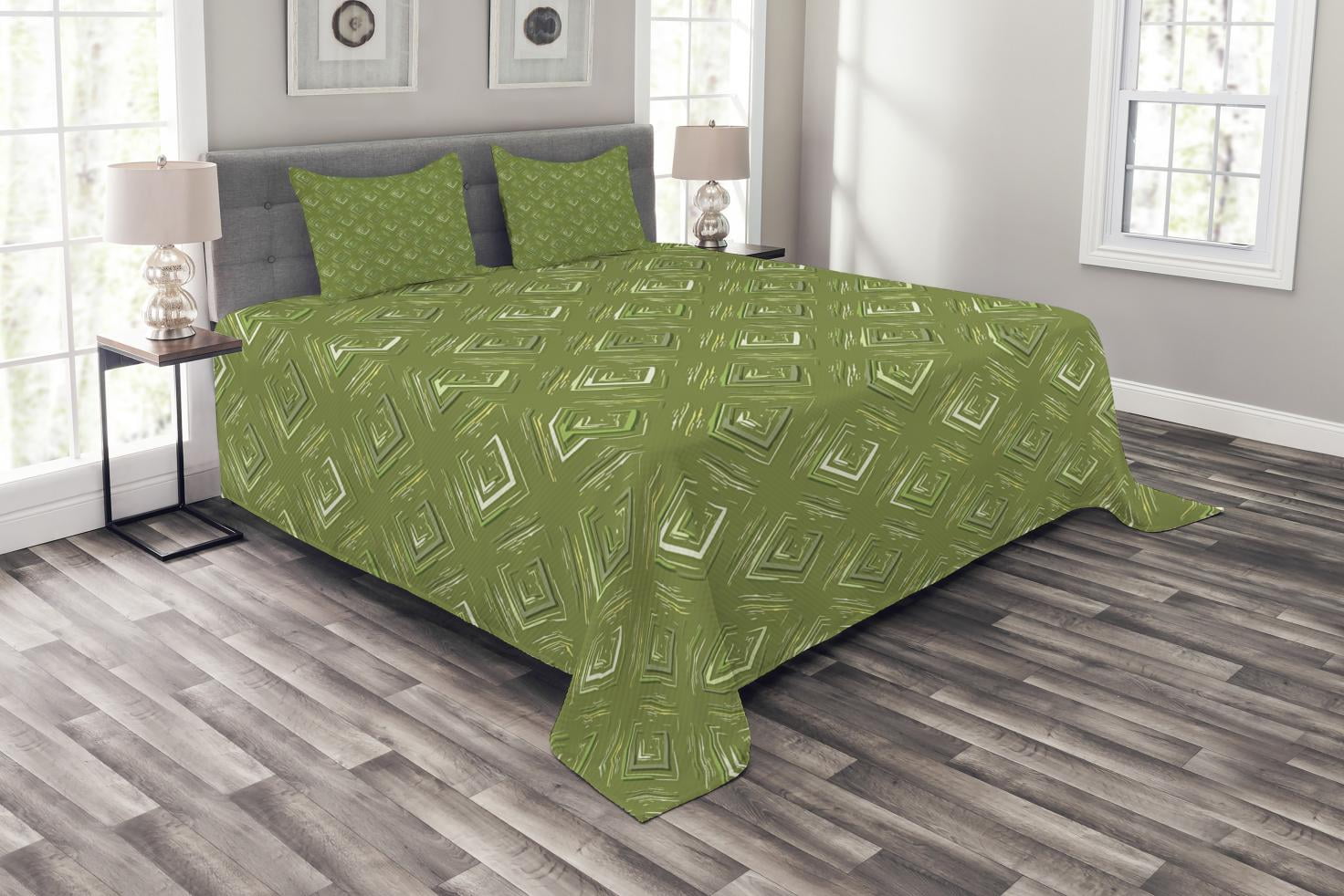 Olive Green Bedspread Set Queen Size, Grunge Geometric Pattern Square