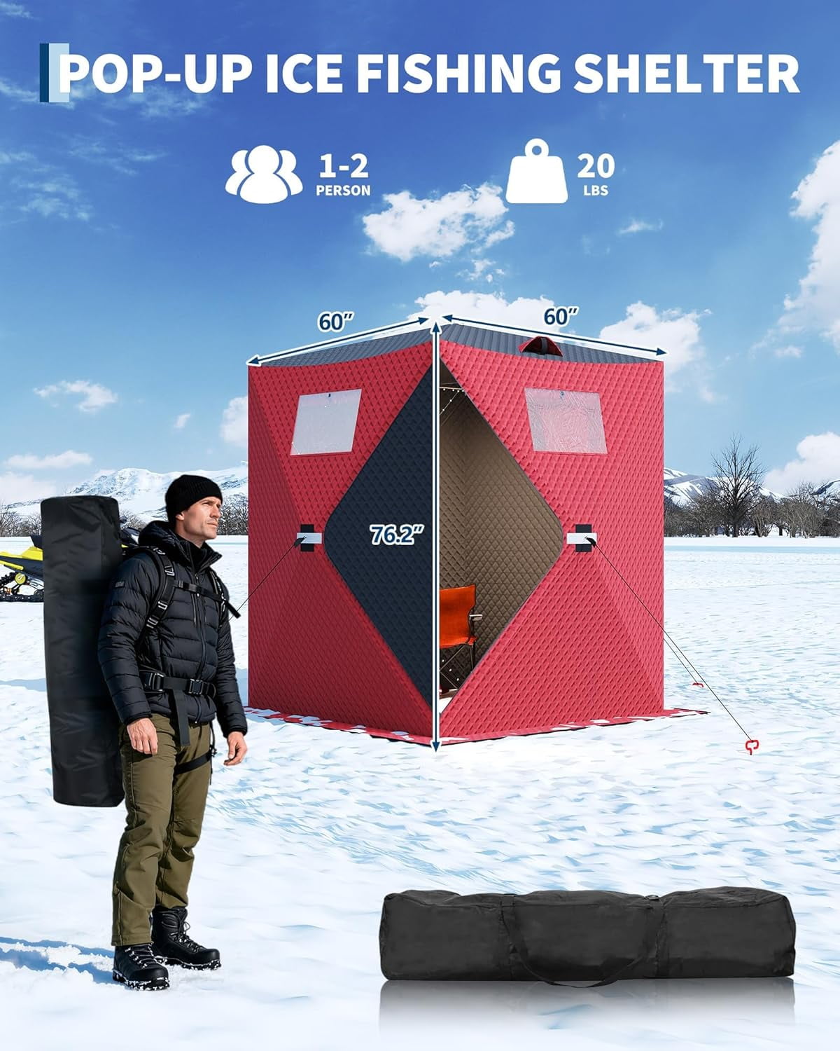 Lumiparty Pop Up Ice Fishing Tent Fully Insulated, Portable 1-2 Person Ice Fishing Shelter, Waterproof Oxford Fabric, Winter Windproof Hut Snow Hub with Anchors, Ropes & Carry Bag, Red & Black