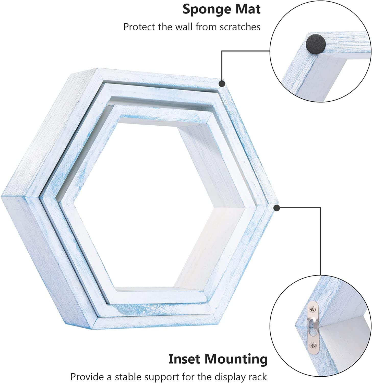 Oumilen 15.7” x 3.9” Blue White Hexagon Floating Shelves, Set of 6