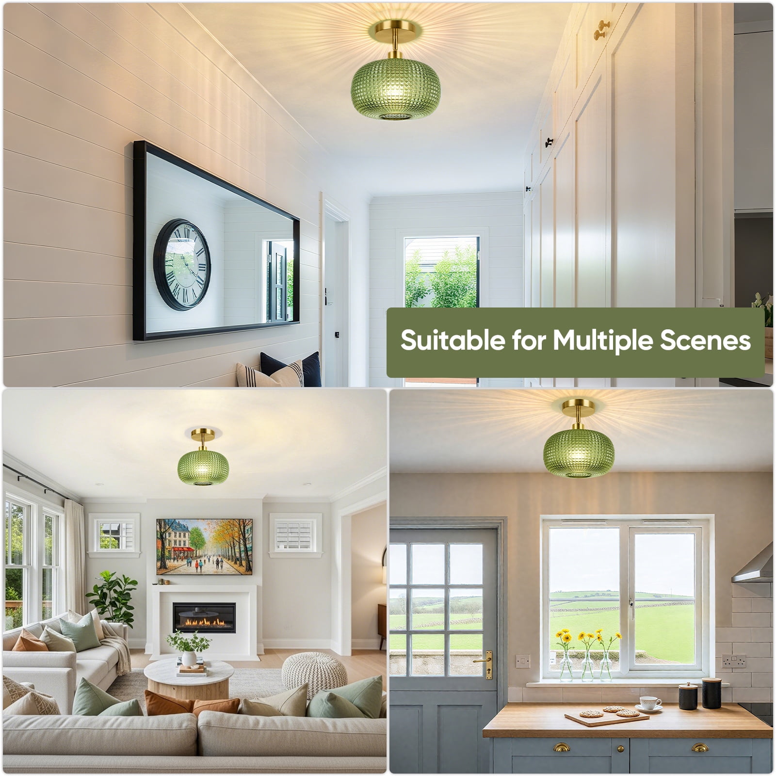 9.84'' Semi Flush Mount Ceiling Light, Adjustable Hanging Gold Sloped Ceiling Lights with Green Glass Shade