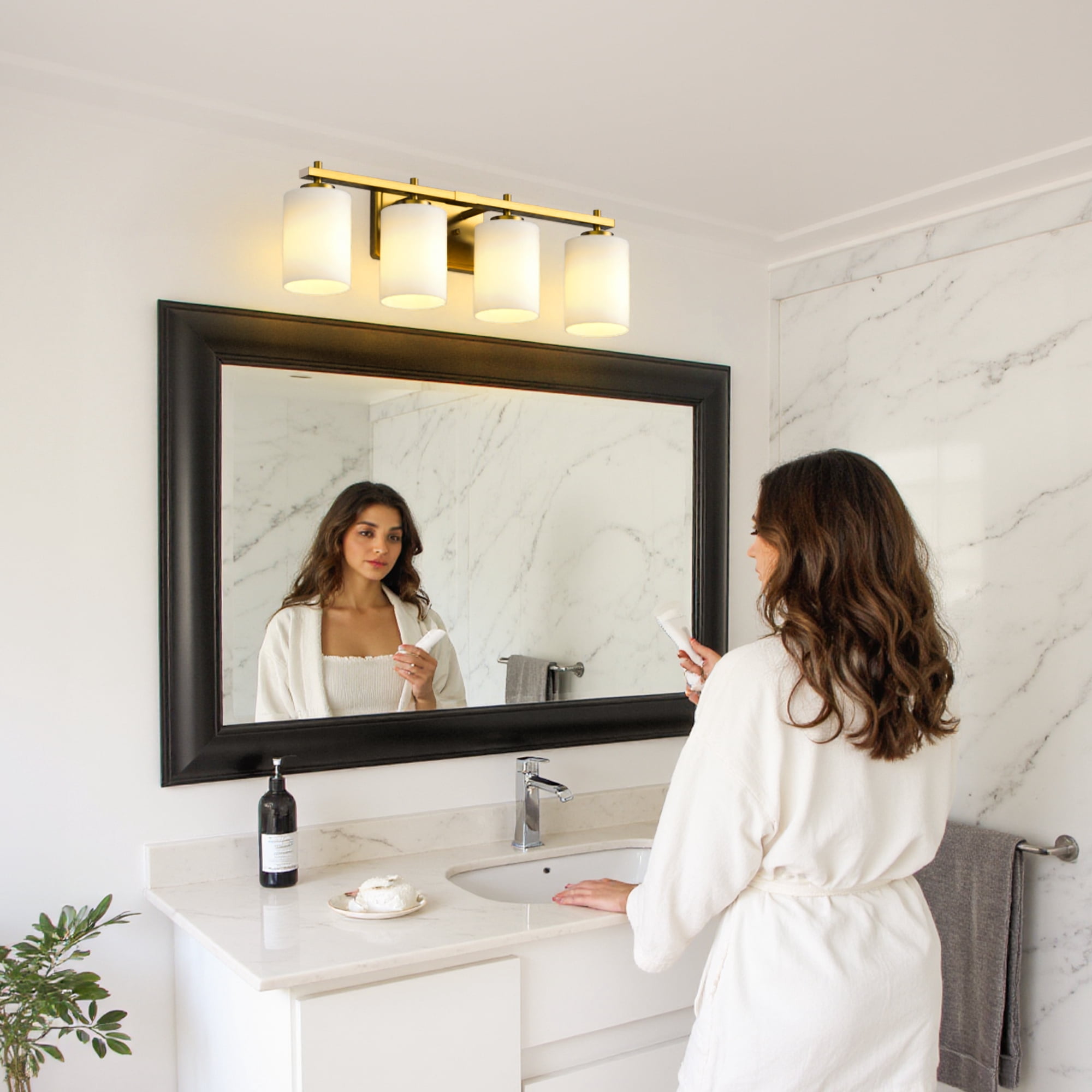 YANSUN 24.4 in 4-Light Bathroom Vanity Light with Frosted Glass and Gold Iron Frame, for Bathroom Mirror, Bedroom, Living Room, Hallway, Vanity Table, E26 Base
