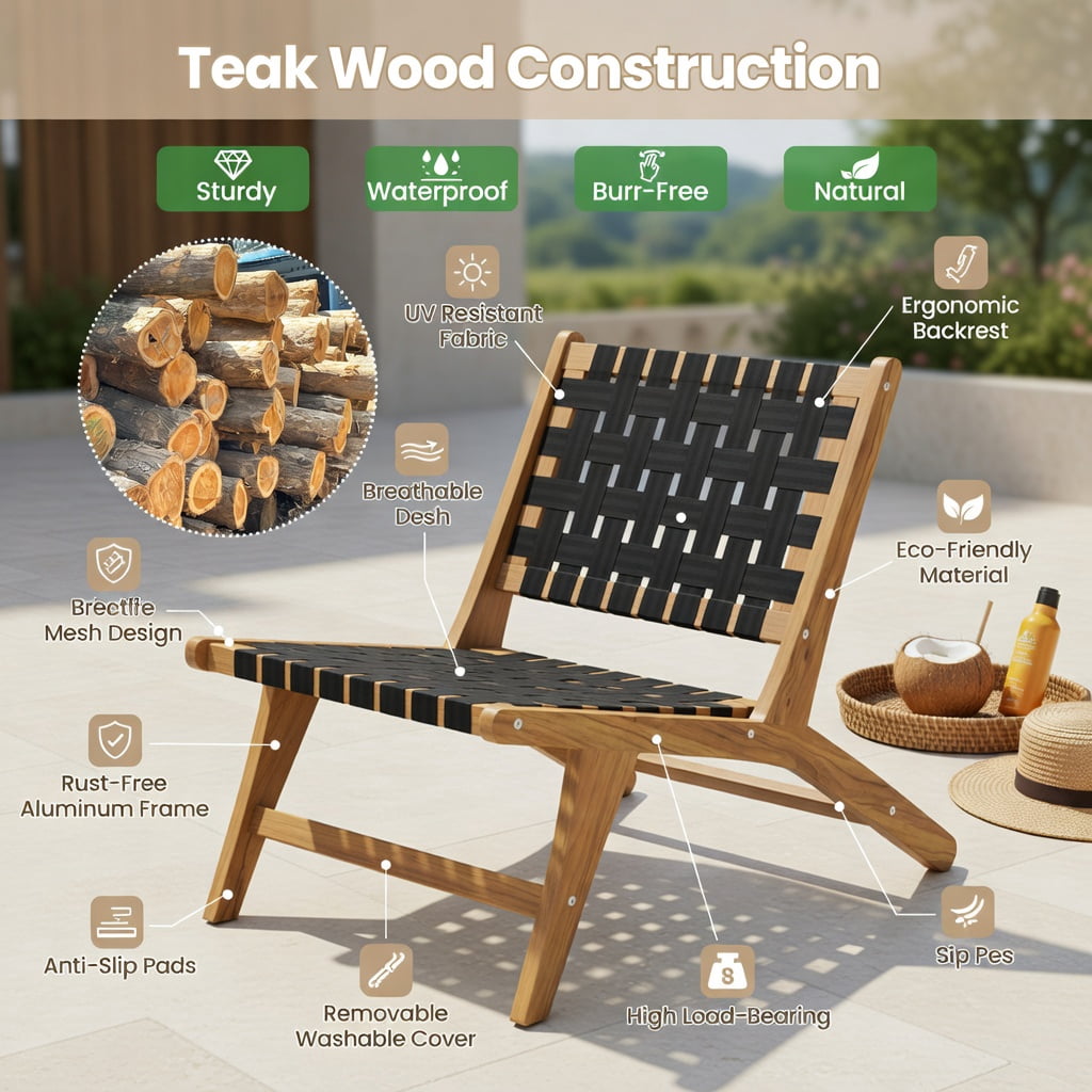 Hommoo Indoor & Outdoor Teak Wooden Chair with Woven Webbing Seat and Ergonomic Backrest, Lightweight & Weather-Resistant Patio Seating, Natural + Black