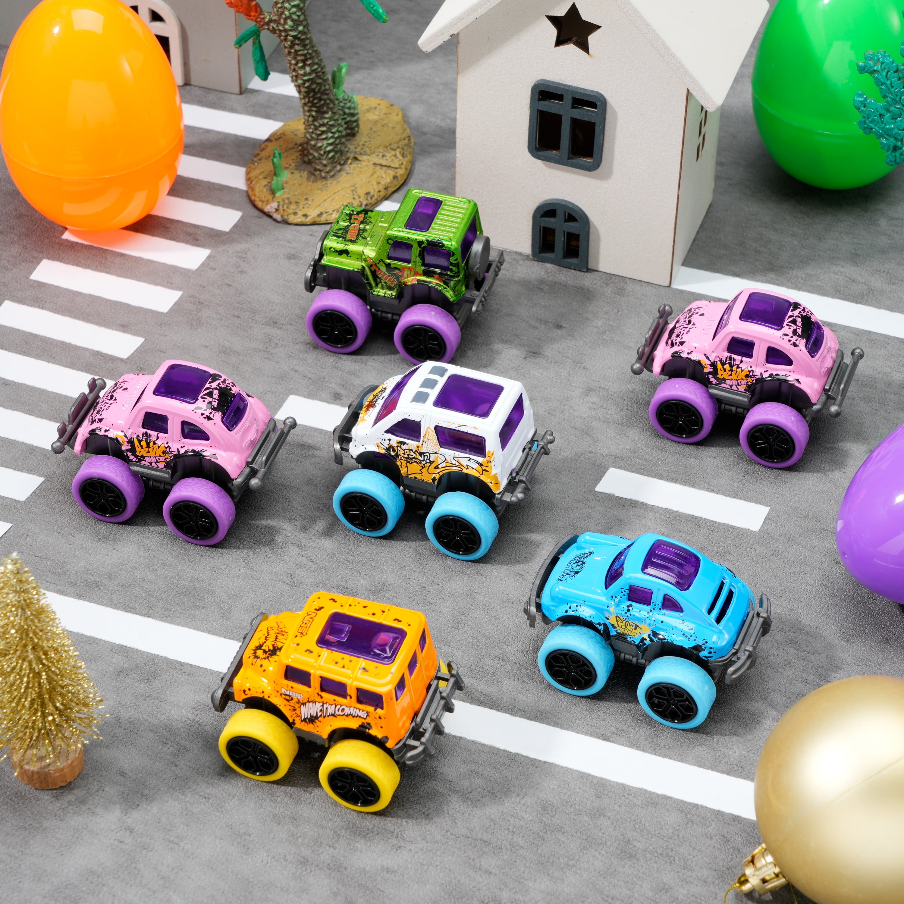 Joyfy 24 Pcs Easter Eggs Filled with Toys(12 Cars and 12 Eggs),Easter Egg Fillers Mini Toys Truck Basket for Toddlers Kids Boys,Easter Egg Hunt Supplies