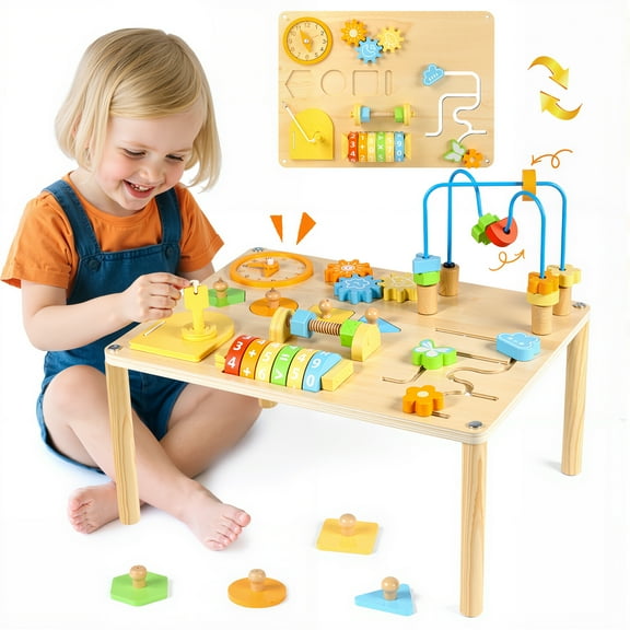 UUSUOO Activity Table for 1 Year Old,8-In-1 Wooden Montessori Toys with Bead Maze,Shape Sorter,Baby Sensory Toys 6-12 Months,Learning Toys for Baby 1st Christmas Birthday Gifts