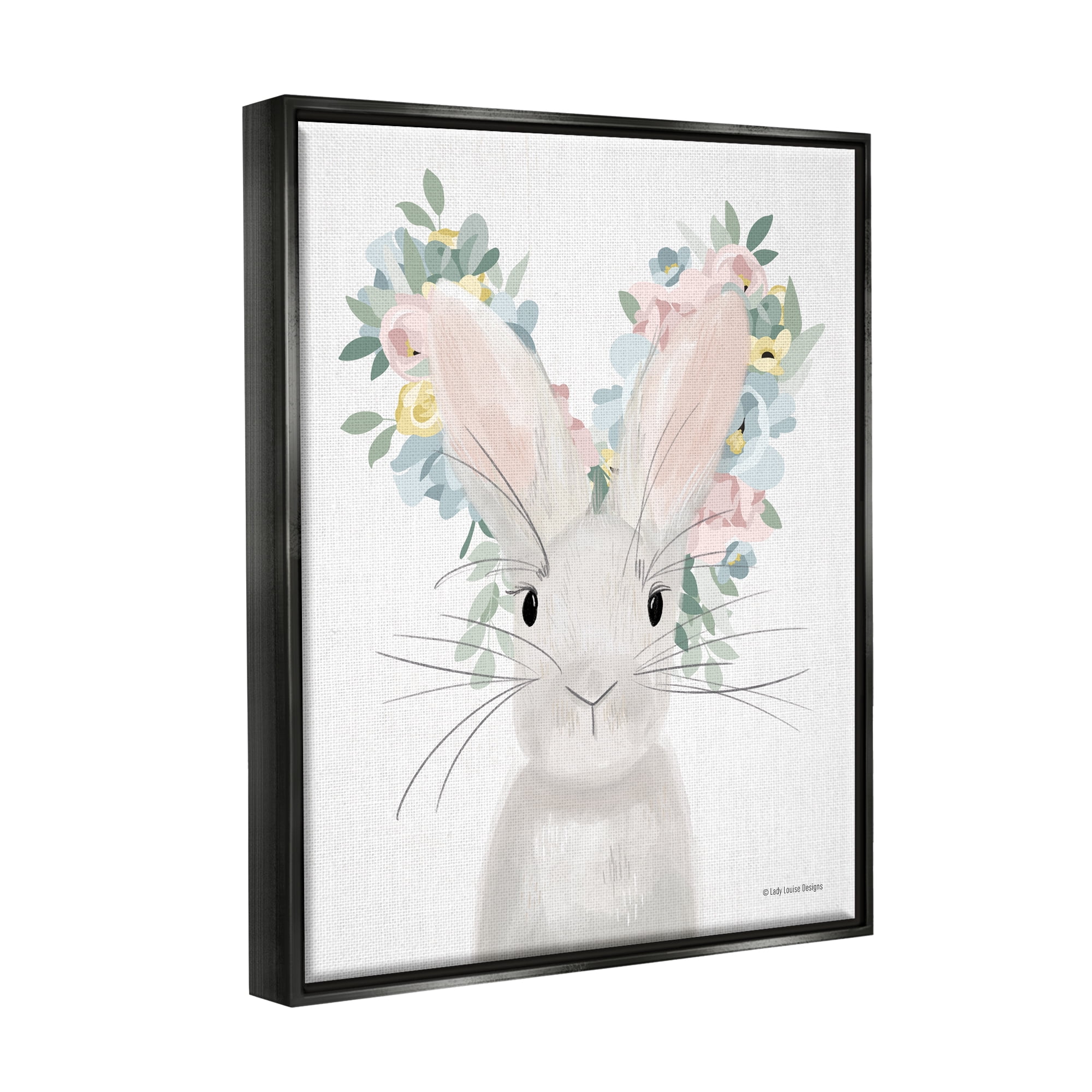 Stupell Floral Bunny Rabbit Blossoms Animals & Insects Painting Black Floater Framed Art Print Wall Art