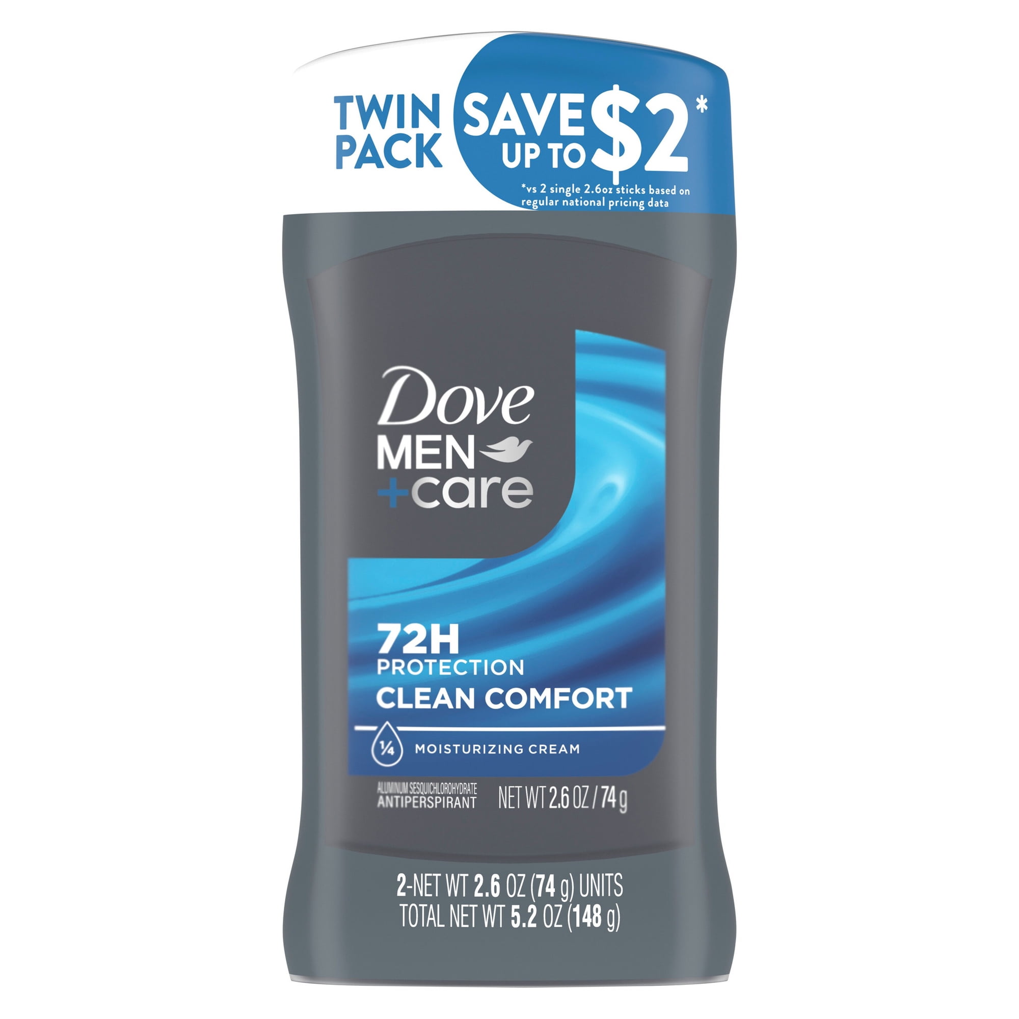 Dove Men+Care Antiperspirant Deodorant Stick 72-Hour Sweat & Odor Protection Clean Comfort Antiperspirant for Men With 1/4 Moisturizing Cream,. 2.6 oz Twin Pack
