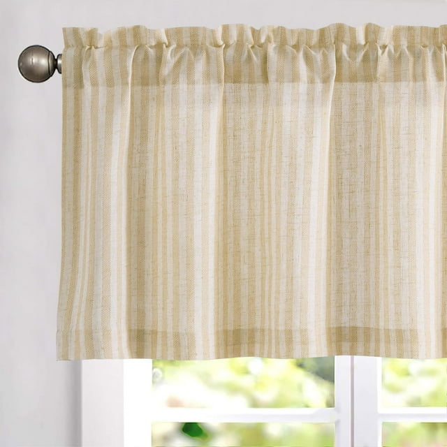 Valance Curtain Linen Textured Striped Window Curtain for Living Room Light Filtering Ticking Stripe Farmhouse Valance for Kitchen Rod Pocket 1 Panel 16 Inch Beige 1 Panel