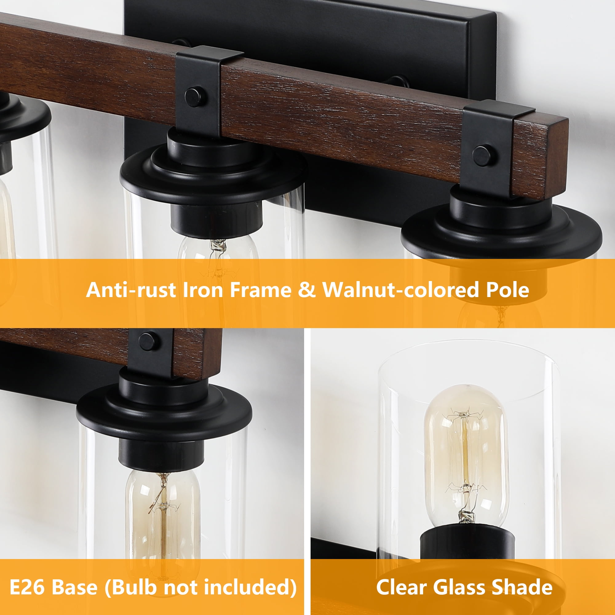 GCGAFUL Farmhouse Bathroom Vanity Light, 18.5 Inch 3-Light Black and Walnut Wall Sconce with Clear Glass Shades, Dimmable E26 Base