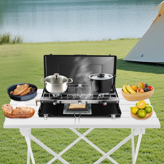 3 Burner Modern Black Rectangular Portable Cooking Propane Butane Gas Camping Stove W/ Grid Tray