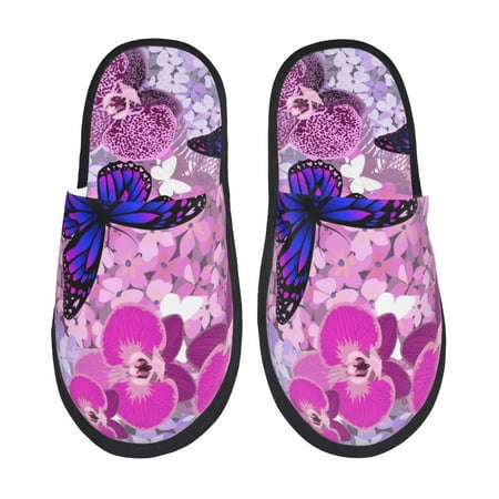 Balery Purple Vintage Butterfly Slient Indoor Furry Fleece Comfort House Shoes Soft Non-Slip Home Shoes Cotton slippers House Slippers-- Large