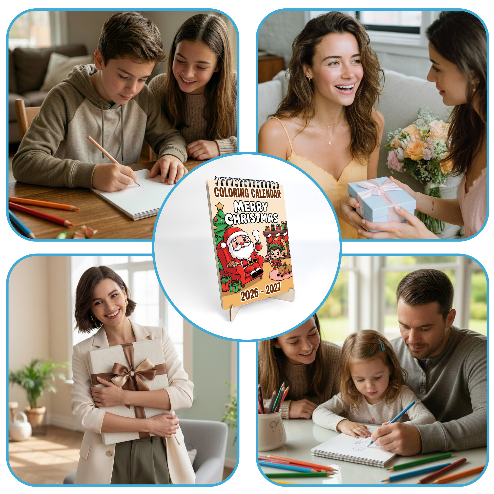 Merry Christmas Coloring Desk Calendar 2026–2027, A5 Wooden Cover Planner with 26 Easy Coloring Pages for Adult Relaxation, 24 Month Desktop Calendar with Stand, Gift for Family & Friends