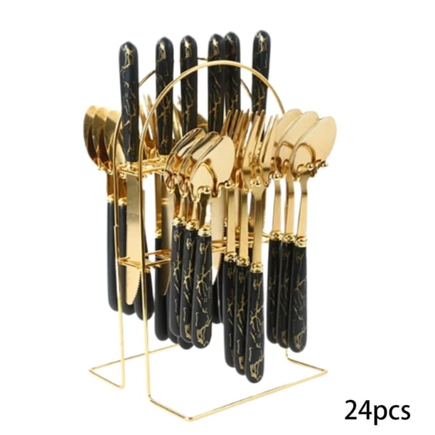 SUKVPSI Juegos de Cubiertos Juego de 24 Cucharas y Cuchillos con Tenedor con Soporte, Cubiertos con Temática de Patrón de Mármol, Cuchillos, Tenedores y Cucharas Chapados en Oro de Acero Inoxidable, con Mango con Estampado de Mármol Cerámico