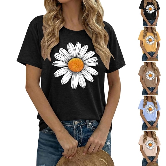 Fancifize Sunflower Graphic Shirt for Women Cute Short Sleeve Cropped Tee Tops Teen Girls Flower Printed Casual T Shirt