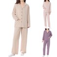 thumbnail image 6 of Women's Long Sleeve Pajamas Suit with Long Pants Cotton Soft Comfy Solid Trendy Lounge Sets Purple,M, 6 of 6
