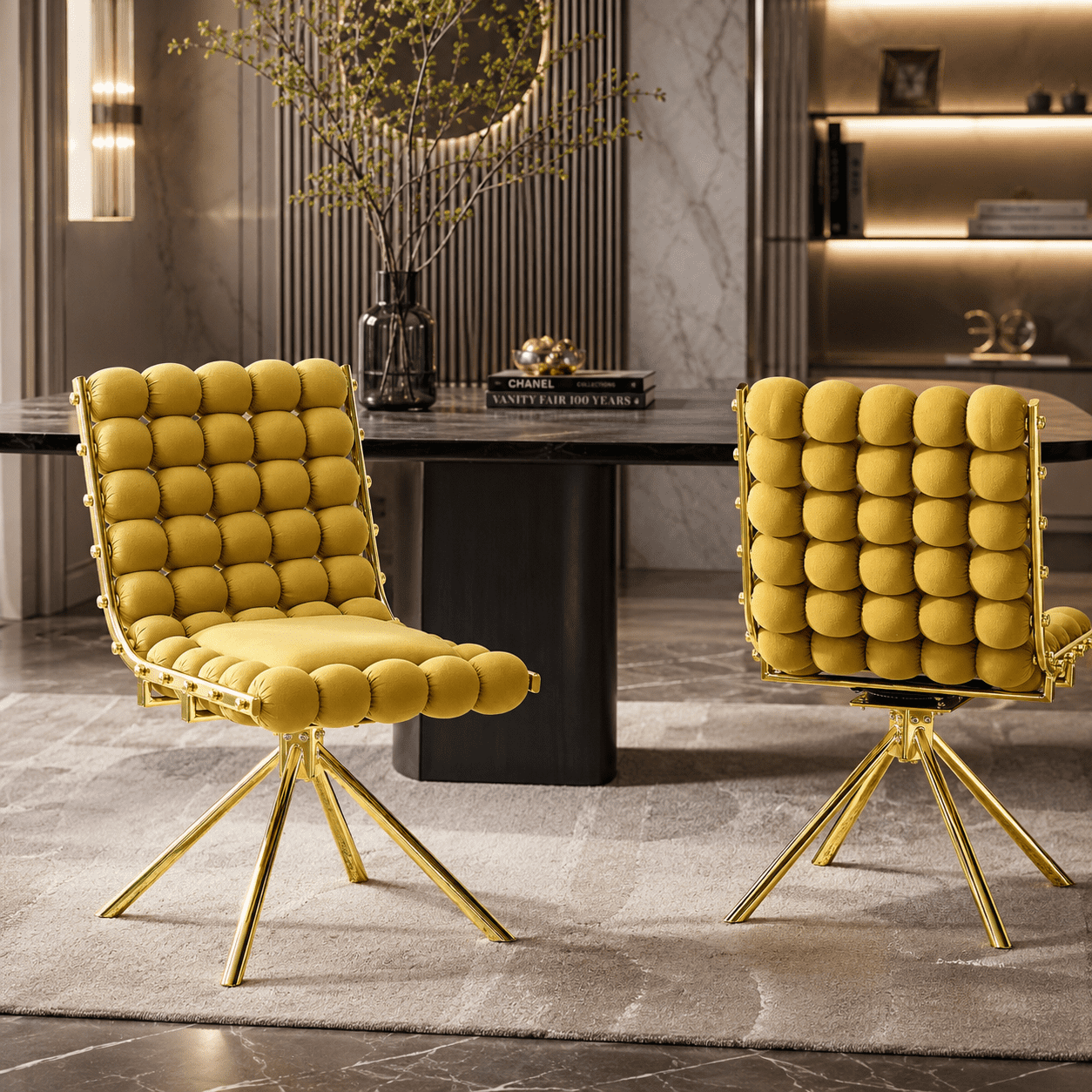 Aukfa Velvet Swivel Dining Chairs Set of 2, Modern Bubble Tufted Kitchen Side Chairs, Gold Metal Legs,Yellow