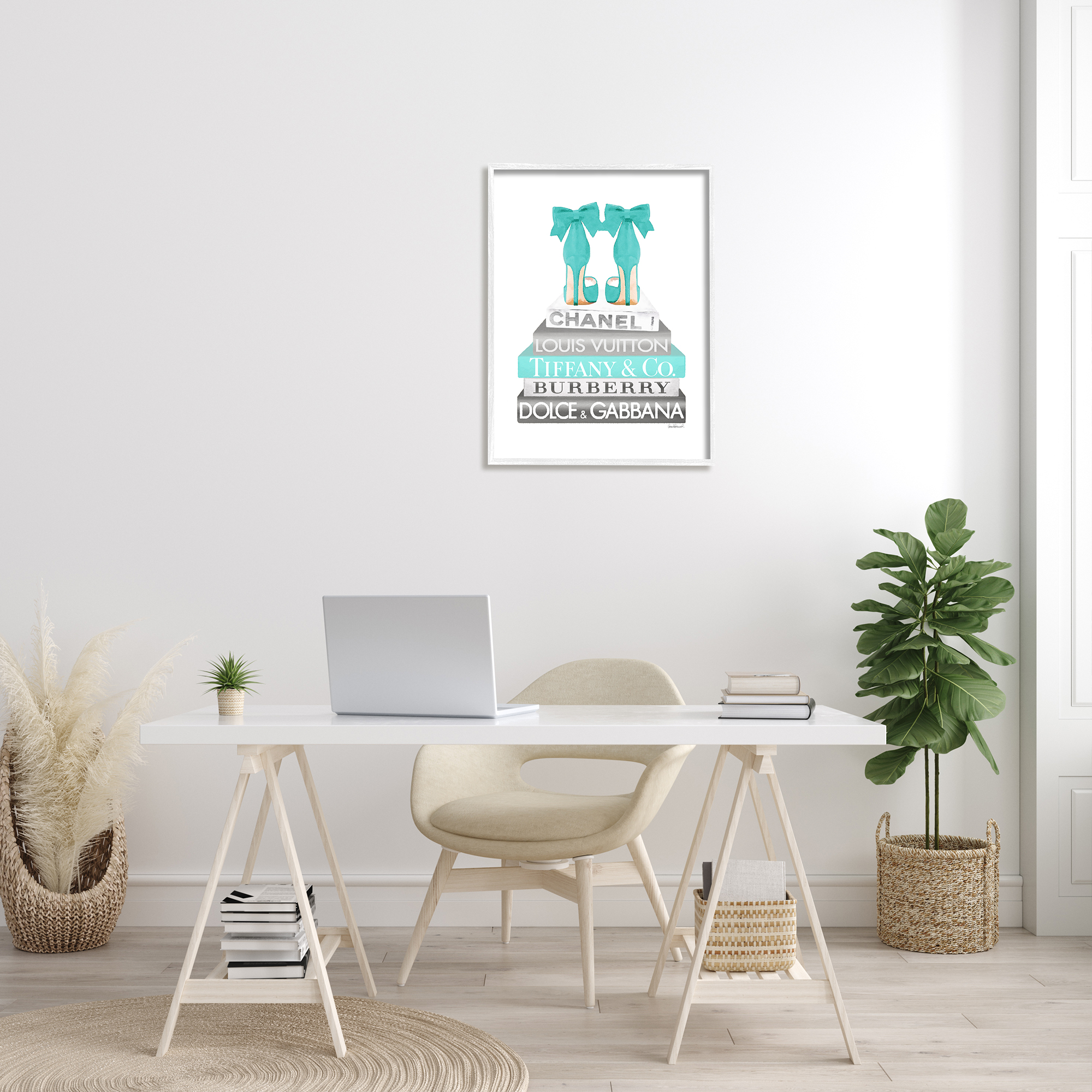 Stupell Industries Turquoise Designer Heels on Modern Glam Bookstack Beauty & Fashion Painting White Framed Art Print Wall Art, 24 x 30