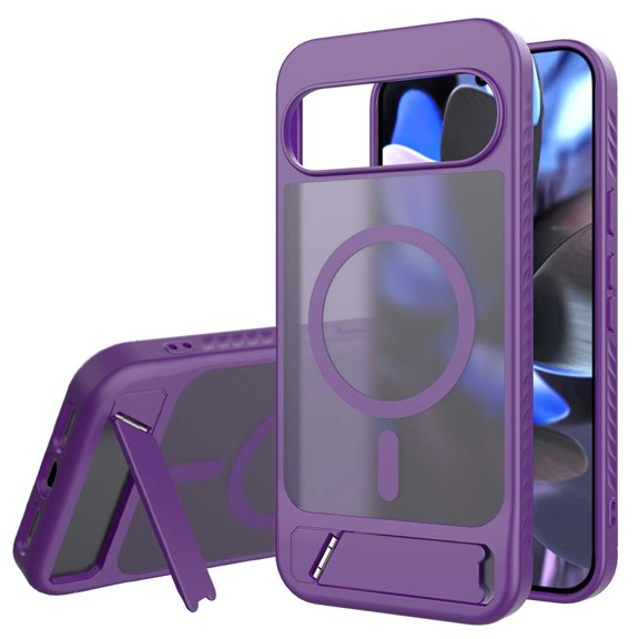 Magnetic For Google Pixel 9 / 9 Pro Phone Case,With Retractable Kickstand,Military-Grade Drop Protection,Compatible with Mag-Safe,Shockproof Skin Feel Translucent Ultra Slim Phone Case,Darkpurple