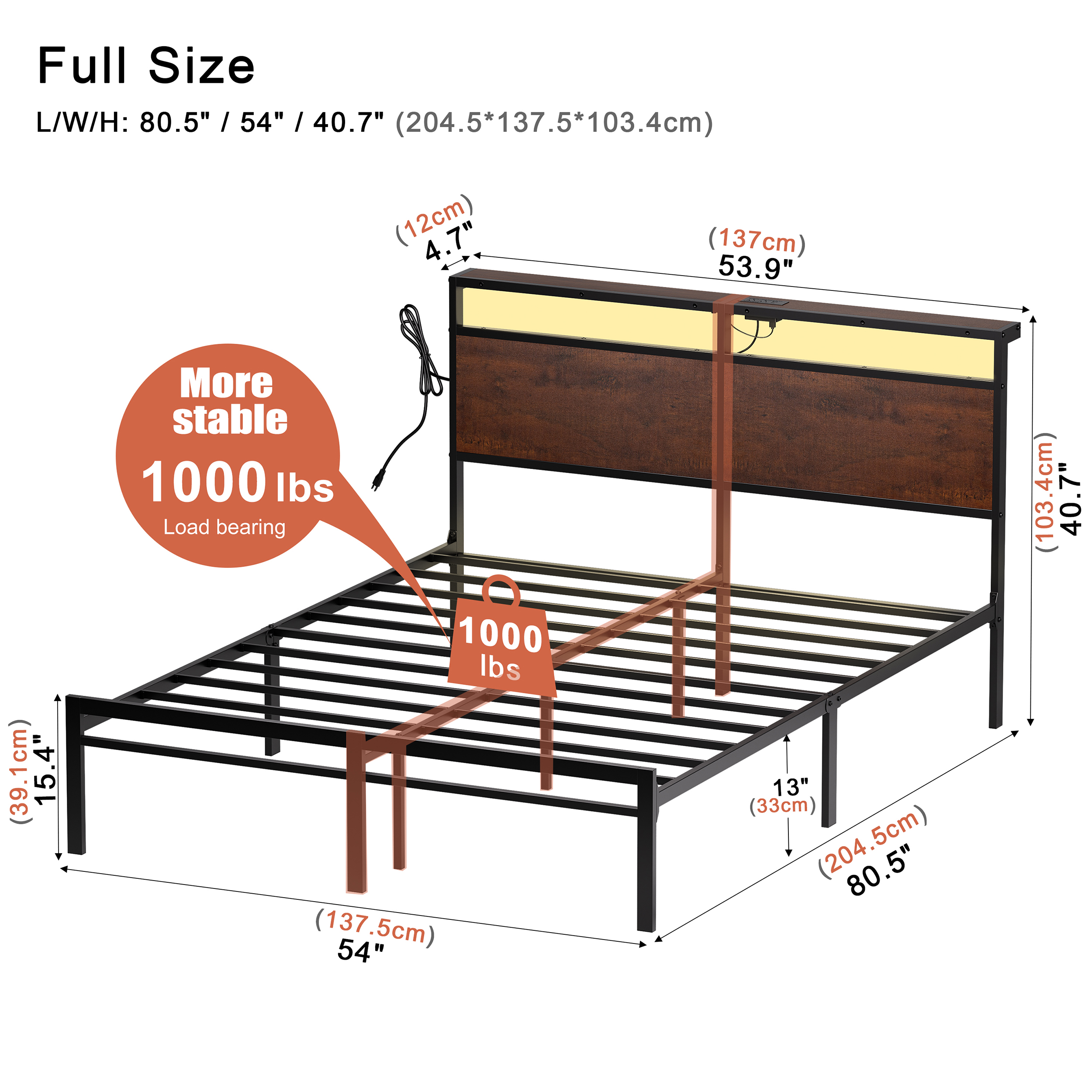 GUNAITO Full Size Bed Frame with Headboard Metal Platform Bed with LED Lights and Charging Station, Rustic Brown
