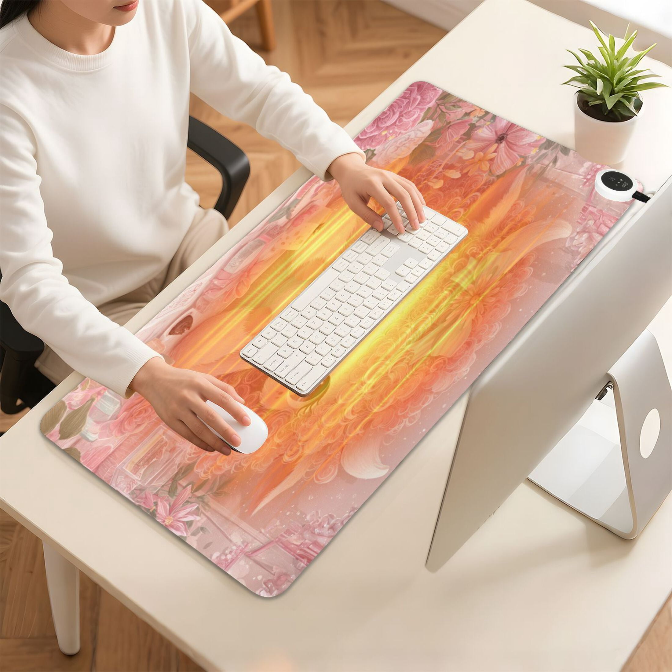 Large Heated Desk Mat Mouse Pad 31.5"x13"PU Leather Graphene Heating Desk Warmer with 3 Temperature Settings 110V US Plug Non-Slip Warm Pad for Home, Office, and Gaming Cute Little Pink Cow