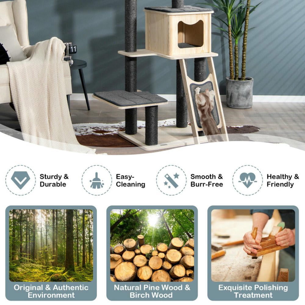 Spaco Cat Tree, 55-Tier Modern Wood Cat Tower with Washable Cushions-Gray, Cat House with Platform Bed, Large Cozy Condo