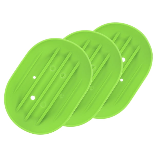 3Pcs Plato de Jabón Pequeño, Soporte de Jabón de Silicona en Forma Ovalada con Agujeros para Ducha, Baño (Verde)