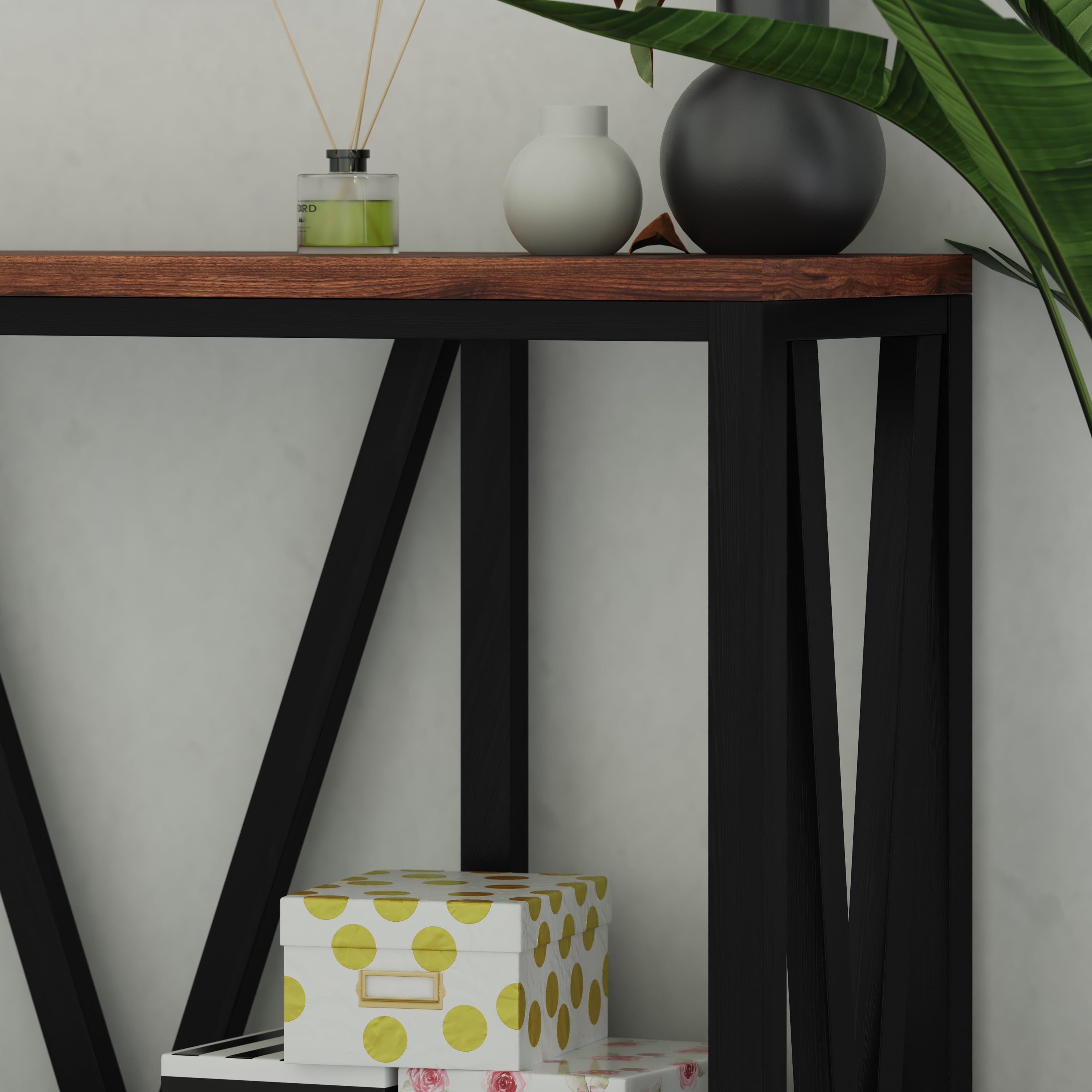 Emma + Oliver Modern Farmhouse Entryway Console Accent Table in Black with Walnut Finished Wood Top
