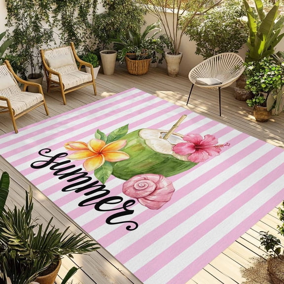 Summer Botanical Outdoor Area Rug 3x5ft Decorative Indoor Outdoor Rug Coconut Frangipani Pink Stripe Patio Area Rug for Porch, Deck, Balcony, Entryway, Camping & RV