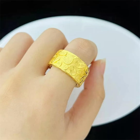 QQTDFG 1PCS 24K Yellow Gold Plated 12mm Lucky Word Men's Women's Band Rings USA Size 9-default