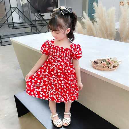 

Dyfzdhu Girls Dress Toddler Girls Short Sleeve Beach Dresses Kids Flower Printed Princess Dress Clothes