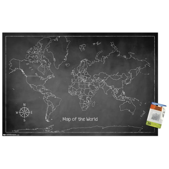 Chalk Map - World Wall Poster with Push Pins, 22.375" x 34"