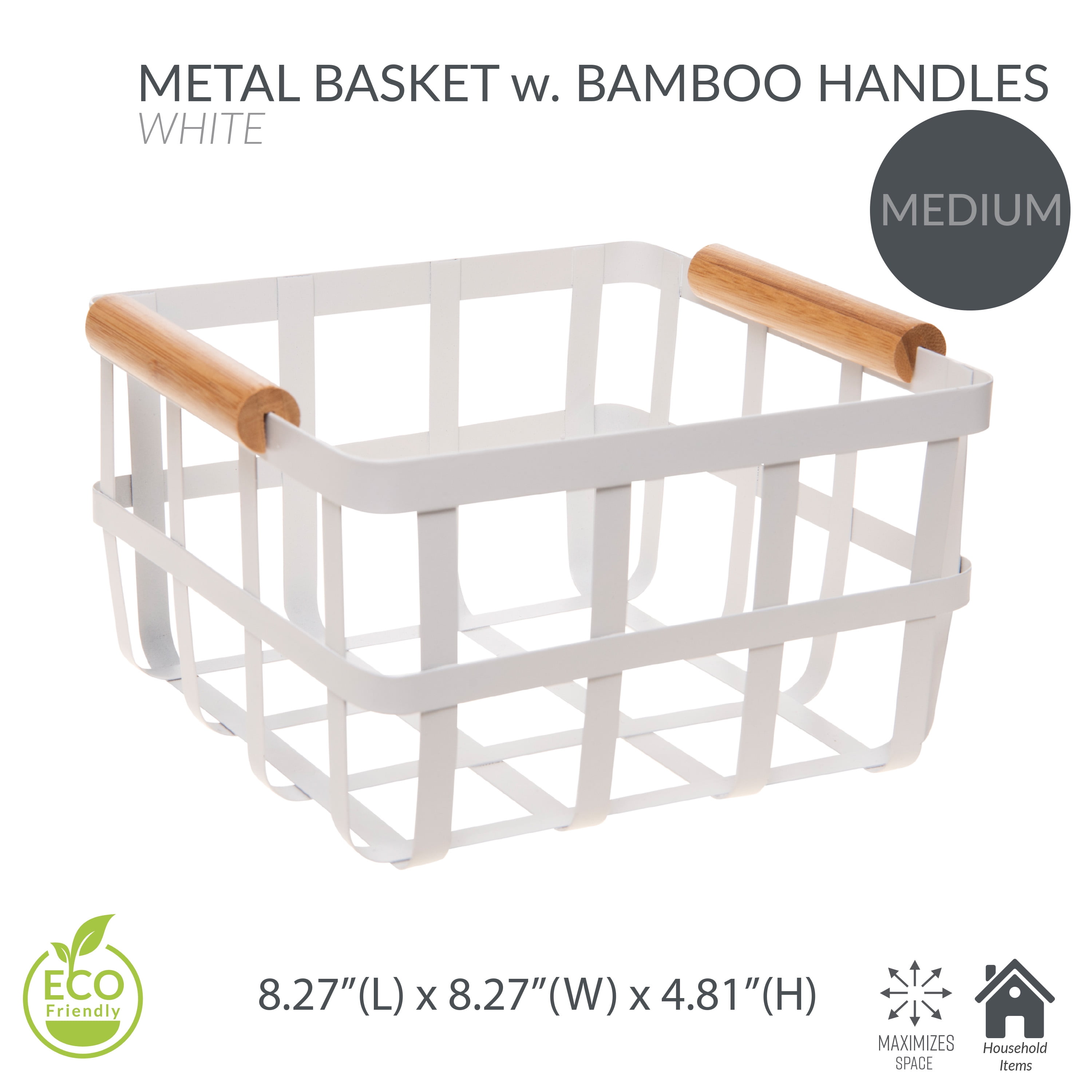 Simplify 2 Pack Square Metal Storage Basket with Bamboo Handles, White