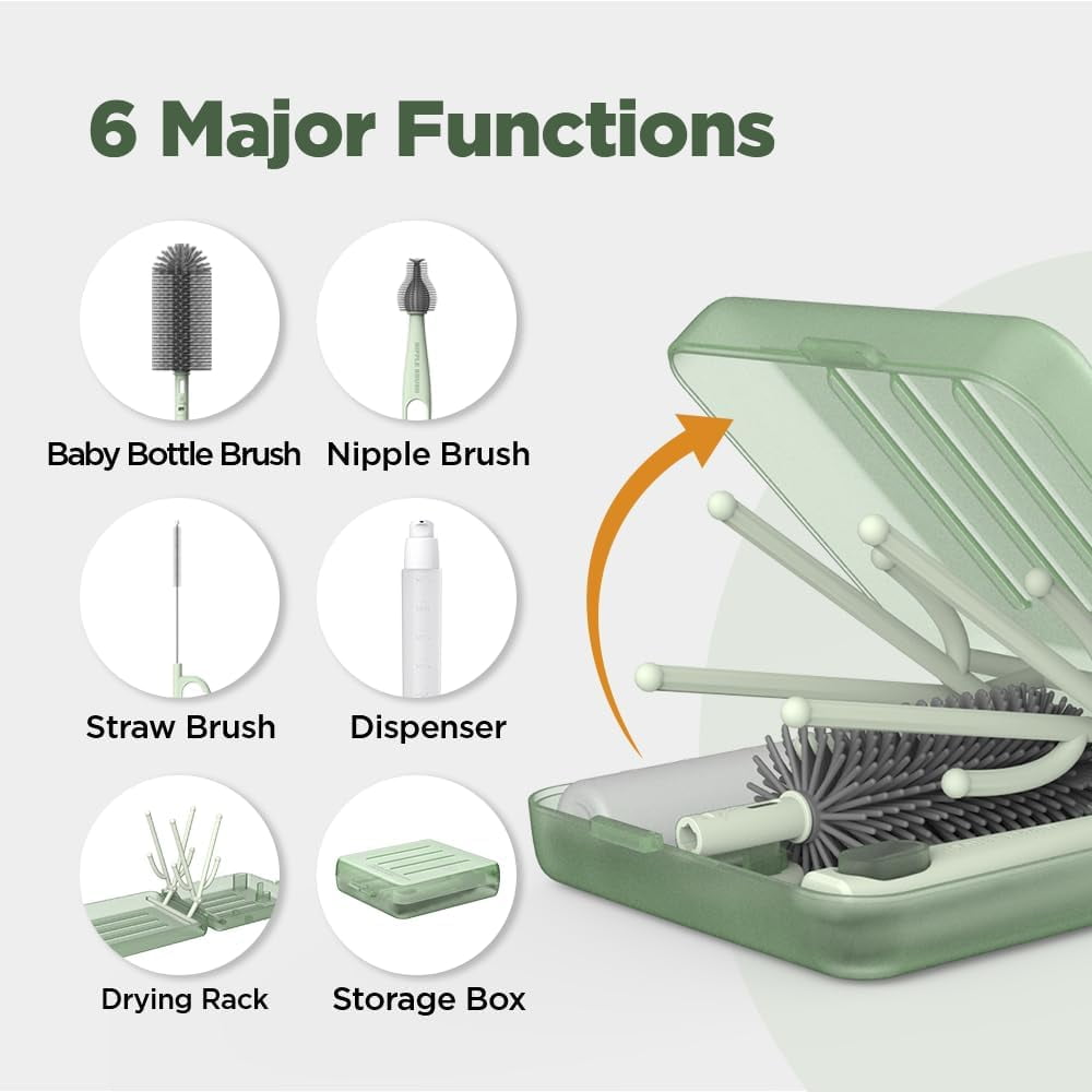 Travel Bottle Brush, Baby Travel Essential Bottle Cleaner Kit with Silicone Bottle Brush, Nipple Cleaner Brush, Straw Brush, Soap Dispenser, Storage Box, Bottle Drying Rack for Home and Travel(Green)