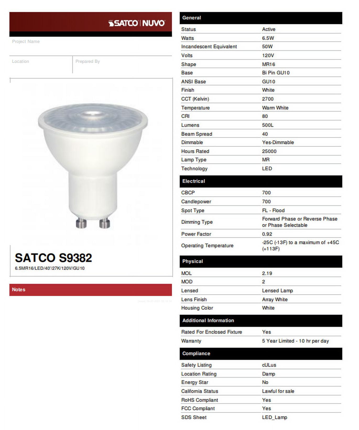 Satco S9382 LED MR16 Reflector Light Bulbs 6.5W 120V GU10 Base Dimmable DAMP Location (12 Pack)