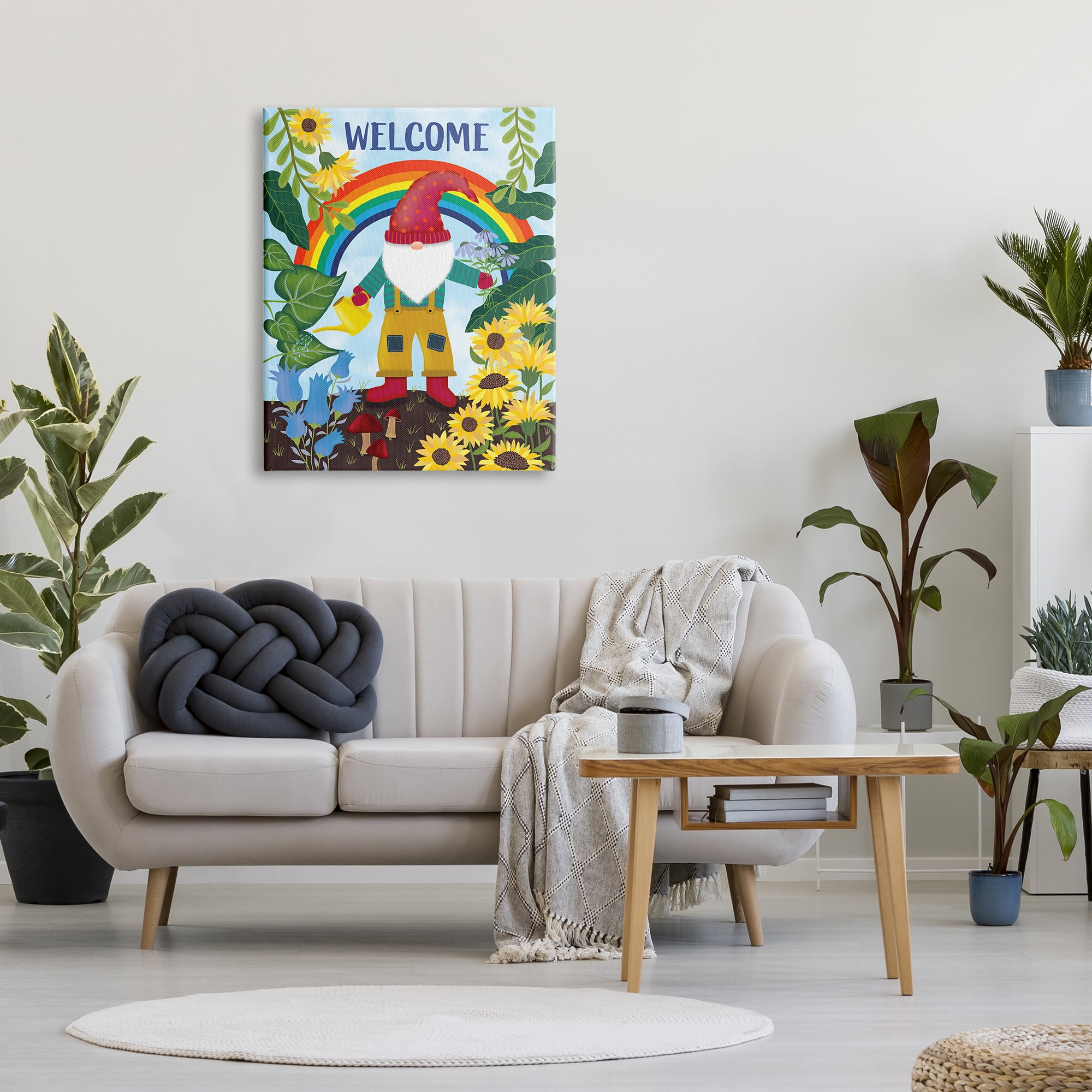 Stupell Industries Rainbow Welcome Garden Gnome Sunflowers Mushrooms, 30 x 40, Designed by Darlene Seale