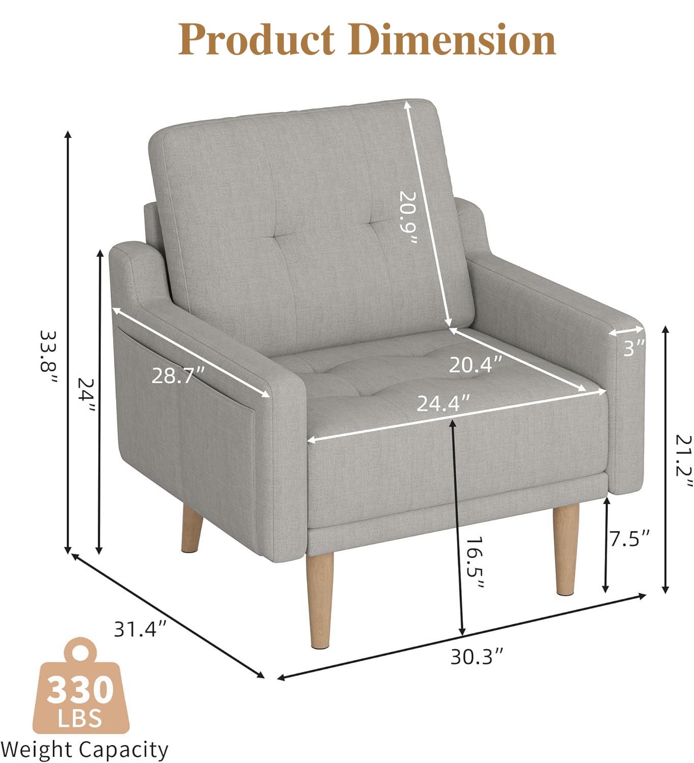 Mid Century Modern Accent Chair Reading Chair with Wood Legs, Upholstered Armchair Fabric Single Sofa Chair for Living Room & Bedroom (Light Gray)
