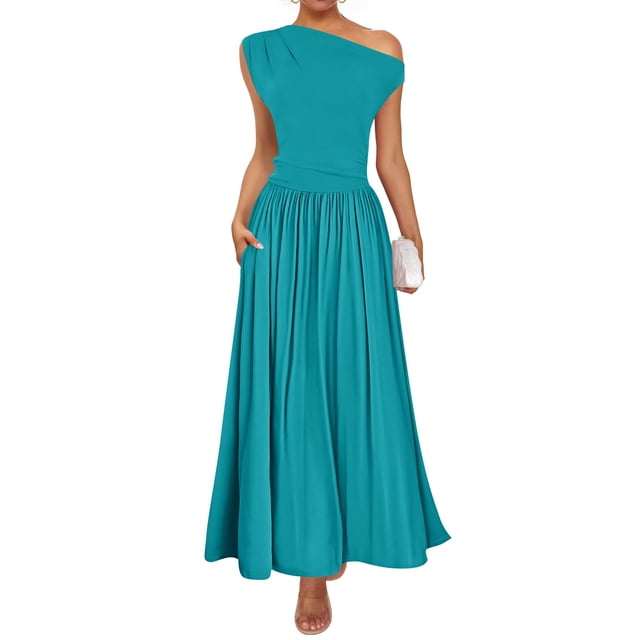 Vestido largo ZESICA Summer 2025 con un solo hombro, verde azulado para mujer