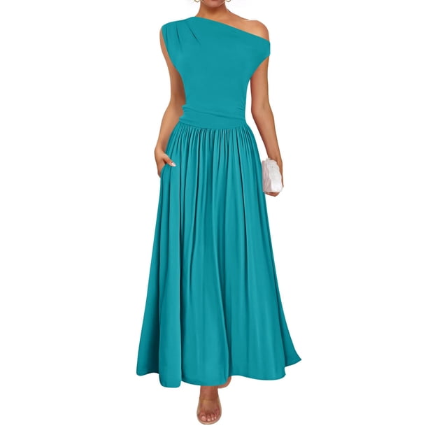 Vestido largo ZESICA Summer 2025 con un solo hombro, verde azulado para mujer