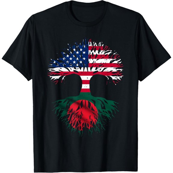 American Grown With Bangladeshi Roots USA Flag Tree Bengali T-ShirtMen's and women's gift, black and white T-shirt, size: Extra large S-4XL