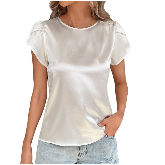 Blouses en Chiffon à Col en V Fendu Décontracté d'Été pour Femmes, Tunique Ample à Manches Courtes, Hauts Plissés Basiques à Col Rond Décontractés pour Femmes