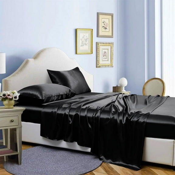 Reliable Bedding 4 piece Sheet Set, Silk Satin Sheet Set, Extra Soft Silky Sheets, Royal Luxury Sheet Set 24" Deep Pocket, Wrinke Free (Black,Twin XL)