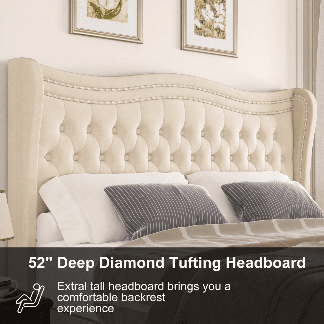 Gewnee Full Bed Frame with 52" Tall Headboard Velvet Upholstered Wingback & Rivet Decor Platform Bed Frame, Beige