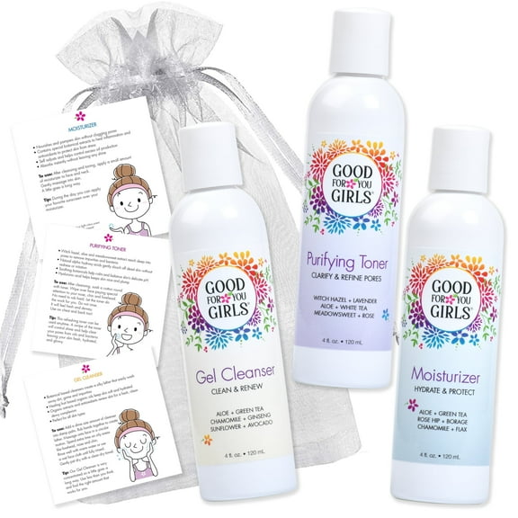 Good For You Girls 3 Step Facial Care Cleanser, Toner, and Moisturizer, 3 Piece Set