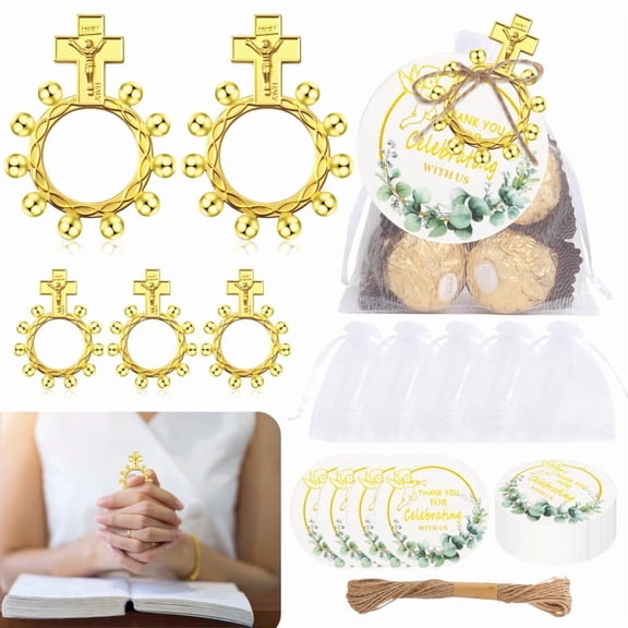 24 Golden Religious Prayer Rings with 24 Organza Gift Bags and 24 Thank You Cards, Metal Cross Finger Rosary Rings Set for Prayer, Meditation, Church Favors & Faith Gifts