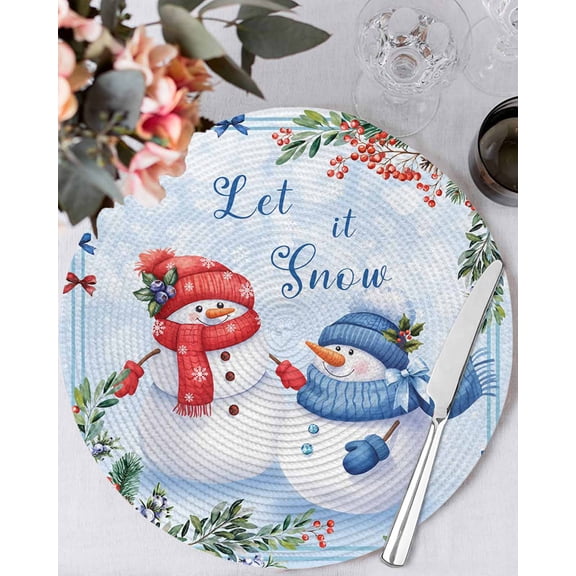 13 Inch Round Placemats Set of 6, Blue Christmas Non Slip Heat Insulation PP Table Mats, Xmas Snowman Tree Snowflake Pine Cones Washable Place Mats for Kitchen Dining Party Table Decor