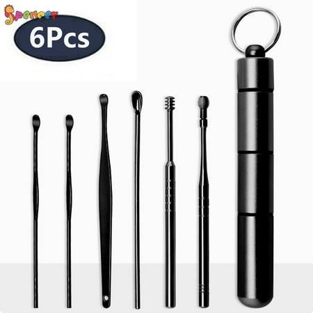 Spencer 6 in 1 Ear Wax Removal Kit Spoon Cleaner Curette Set Stainless Steel Reusable Ear Pick Cleaning Spiral Tool (Black)